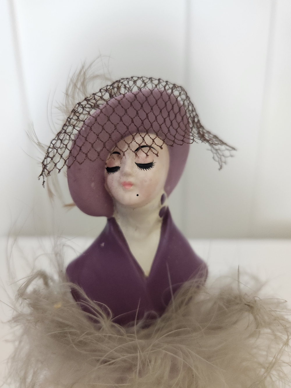 Vintage Enesco Lavender and Feathered Lady Figurine - Picture 2 of 8
